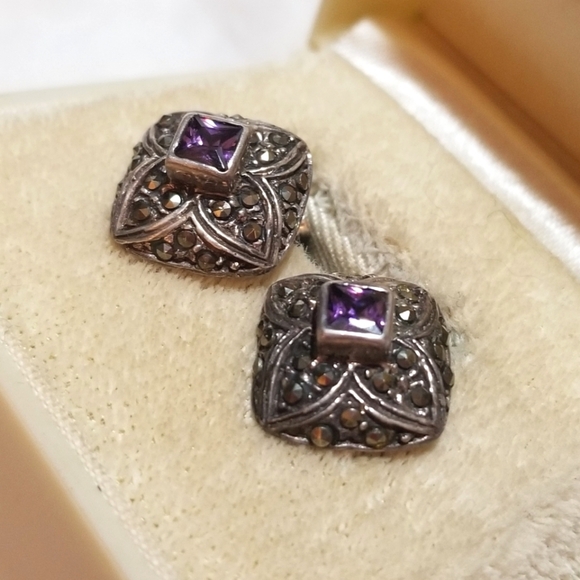 VTG Amethyst Marcasite Sterling Silver Domed Square Earrings - Picture 2 of 7